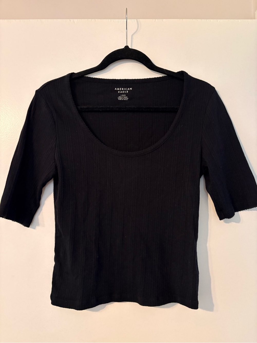 American Eagle Outfitters Black Scoop Neck Ribbed Pointelle Top